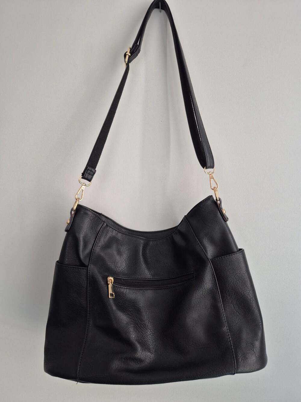 Black Faux Leather Hobo Bag Convertible Crossbody Purse Gold Hardware